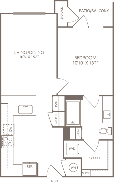 Floor plan for 1 bed, 1 bath, 707 sqft